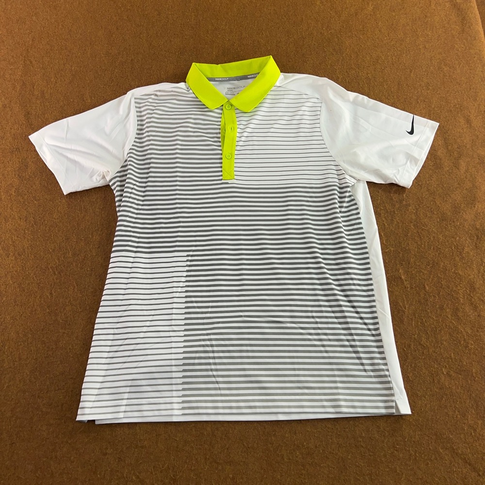 Nike Mens Large White Striped Dri-FIT Short Sleeve Golf Polo Shirt